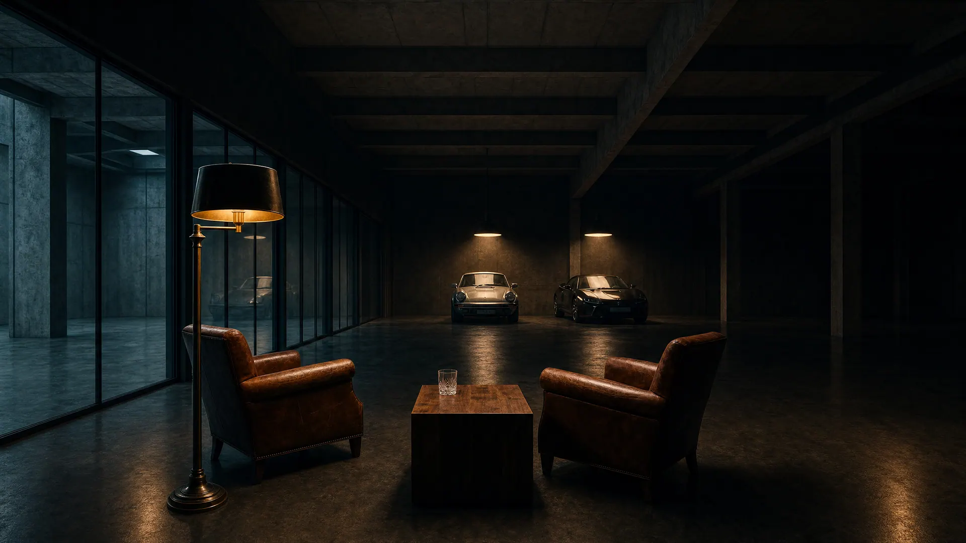 The members lounge at The Collective Auto Depot in Gallatin: leather chairs and collector cars under warm light